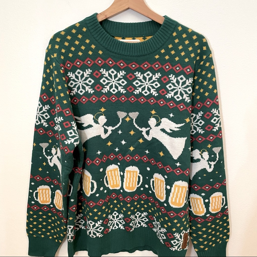 Tipsy elves angels and beer steins holiday sweater